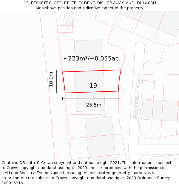 19, BECKETT CLOSE, ETHERLEY DENE, BISHOP AUCKLAND, DL14 0SU: Plot and title map