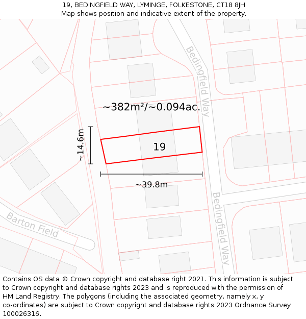 19, BEDINGFIELD WAY, LYMINGE, FOLKESTONE, CT18 8JH: Plot and title map