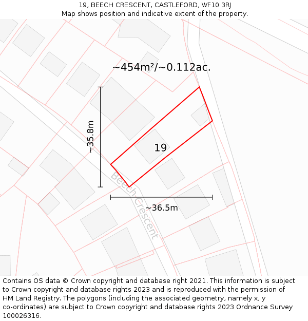 19, BEECH CRESCENT, CASTLEFORD, WF10 3RJ: Plot and title map