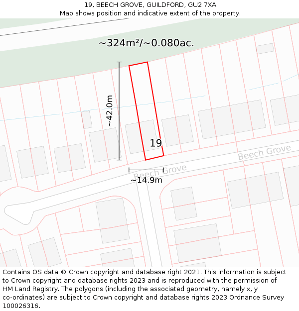 19, BEECH GROVE, GUILDFORD, GU2 7XA: Plot and title map