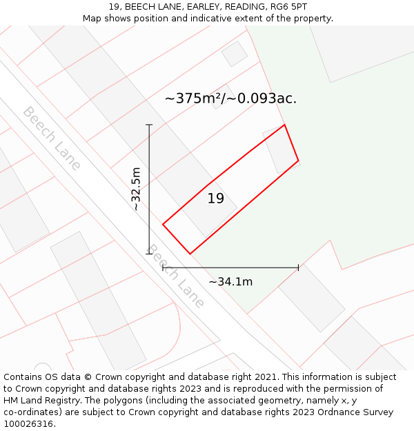 19, BEECH LANE, EARLEY, READING, RG6 5PT: Plot and title map