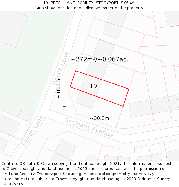 19, BEECH LANE, ROMILEY, STOCKPORT, SK6 4AL: Plot and title map