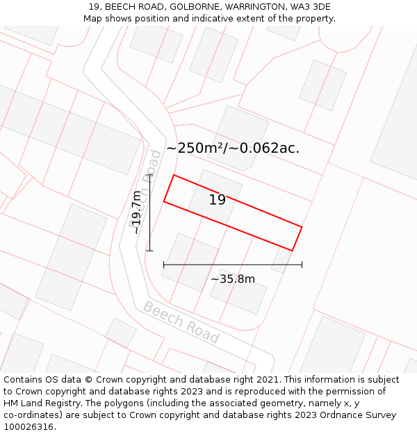 19, BEECH ROAD, GOLBORNE, WARRINGTON, WA3 3DE: Plot and title map