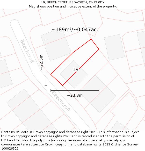 19, BEECHCROFT, BEDWORTH, CV12 0DX: Plot and title map