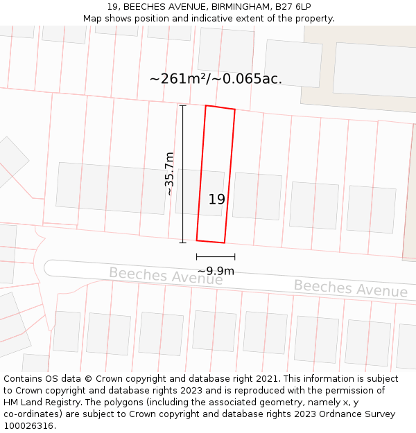19, BEECHES AVENUE, BIRMINGHAM, B27 6LP: Plot and title map