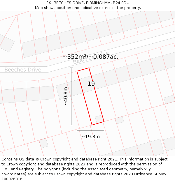 19, BEECHES DRIVE, BIRMINGHAM, B24 0DU: Plot and title map