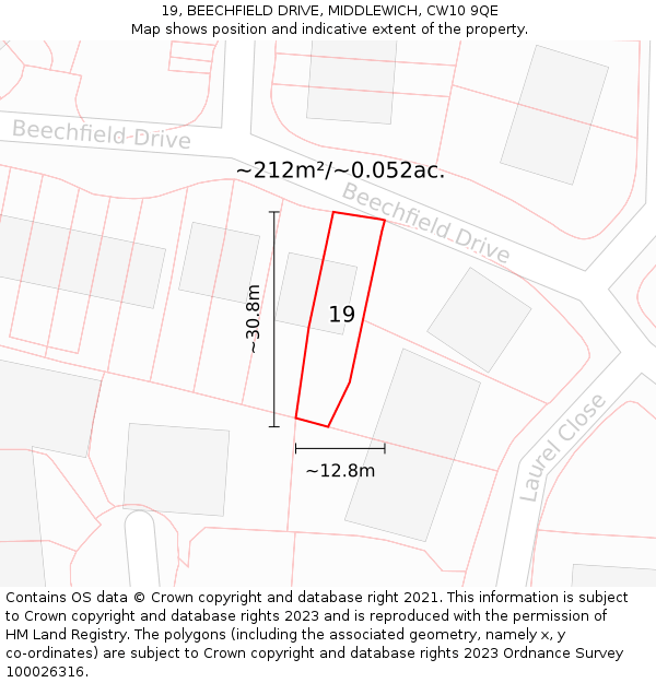 19, BEECHFIELD DRIVE, MIDDLEWICH, CW10 9QE: Plot and title map