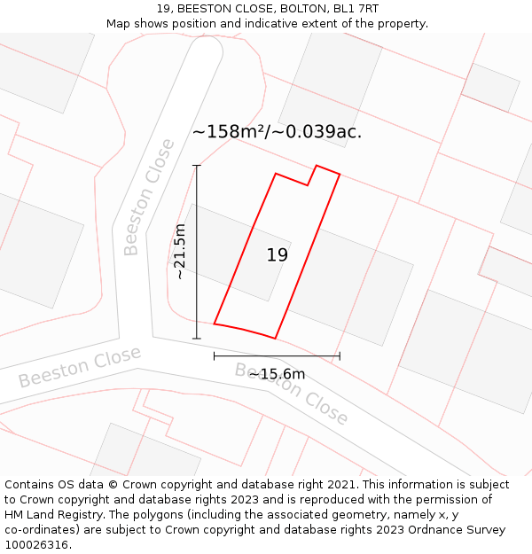 19, BEESTON CLOSE, BOLTON, BL1 7RT: Plot and title map