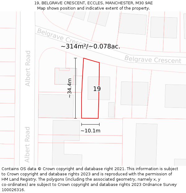 19, BELGRAVE CRESCENT, ECCLES, MANCHESTER, M30 9AE: Plot and title map