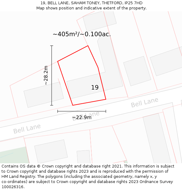 19, BELL LANE, SAHAM TONEY, THETFORD, IP25 7HD: Plot and title map