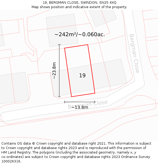 19, BERGMAN CLOSE, SWINDON, SN25 4XQ: Plot and title map