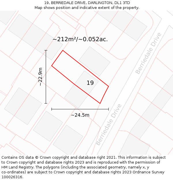 19, BERRIEDALE DRIVE, DARLINGTON, DL1 3TD: Plot and title map