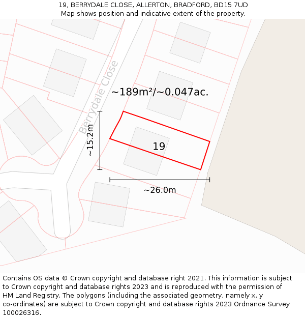 19, BERRYDALE CLOSE, ALLERTON, BRADFORD, BD15 7UD: Plot and title map