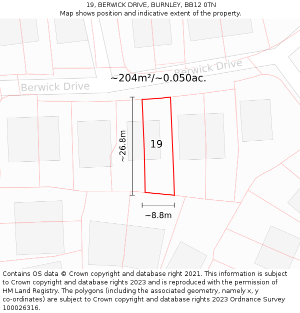 19, BERWICK DRIVE, BURNLEY, BB12 0TN: Plot and title map