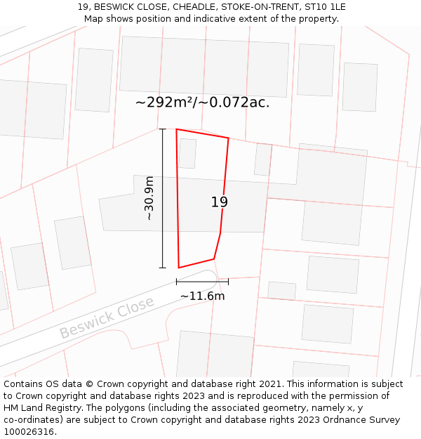 19, BESWICK CLOSE, CHEADLE, STOKE-ON-TRENT, ST10 1LE: Plot and title map