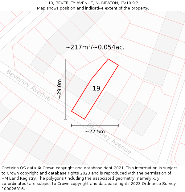 19, BEVERLEY AVENUE, NUNEATON, CV10 9JP: Plot and title map