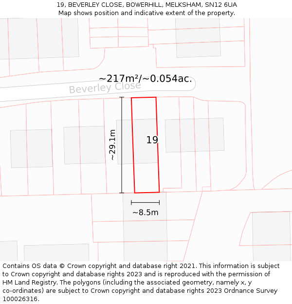 19, BEVERLEY CLOSE, BOWERHILL, MELKSHAM, SN12 6UA: Plot and title map