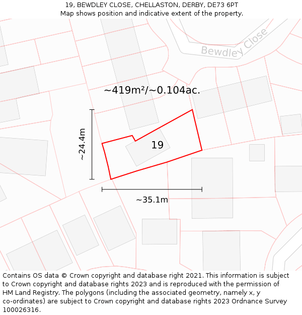19, BEWDLEY CLOSE, CHELLASTON, DERBY, DE73 6PT: Plot and title map