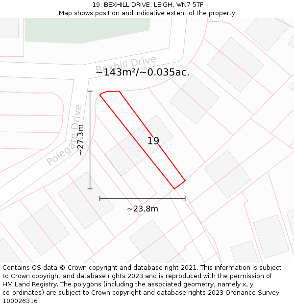 19, BEXHILL DRIVE, LEIGH, WN7 5TF: Plot and title map