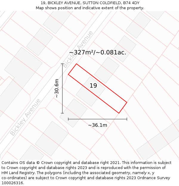 19, BICKLEY AVENUE, SUTTON COLDFIELD, B74 4DY: Plot and title map