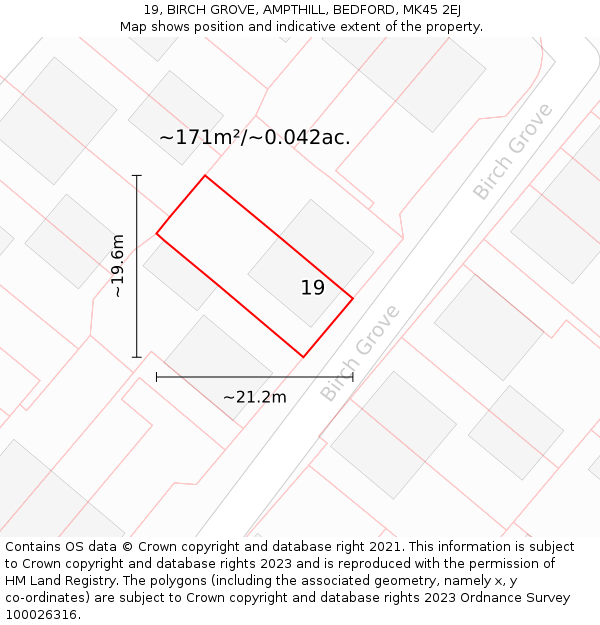19, BIRCH GROVE, AMPTHILL, BEDFORD, MK45 2EJ: Plot and title map