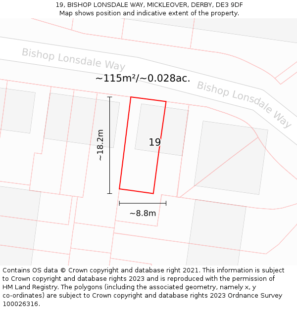 19, BISHOP LONSDALE WAY, MICKLEOVER, DERBY, DE3 9DF: Plot and title map