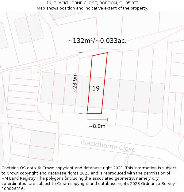 19, BLACKTHORNE CLOSE, BORDON, GU35 0TT: Plot and title map