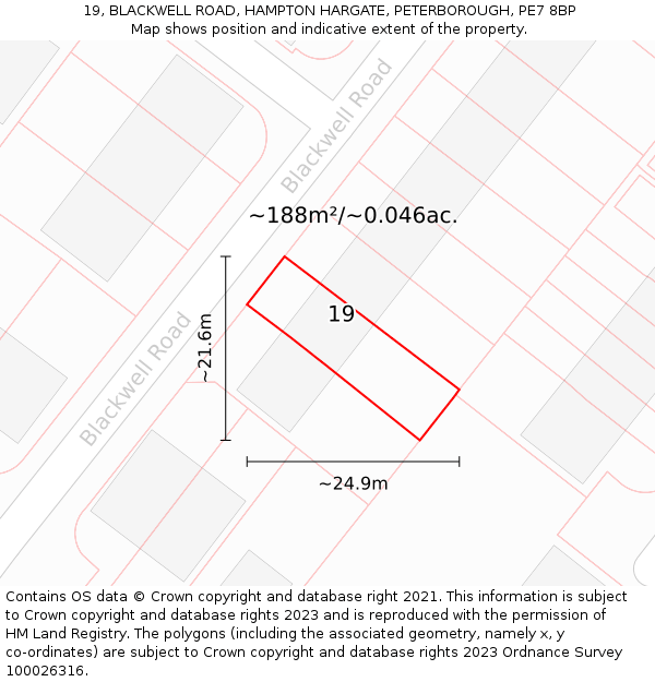 19, BLACKWELL ROAD, HAMPTON HARGATE, PETERBOROUGH, PE7 8BP: Plot and title map