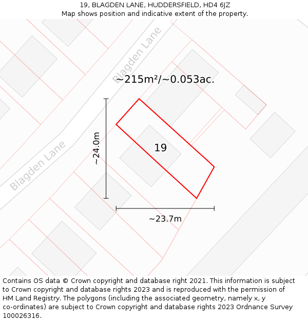 19, BLAGDEN LANE, HUDDERSFIELD, HD4 6JZ: Plot and title map
