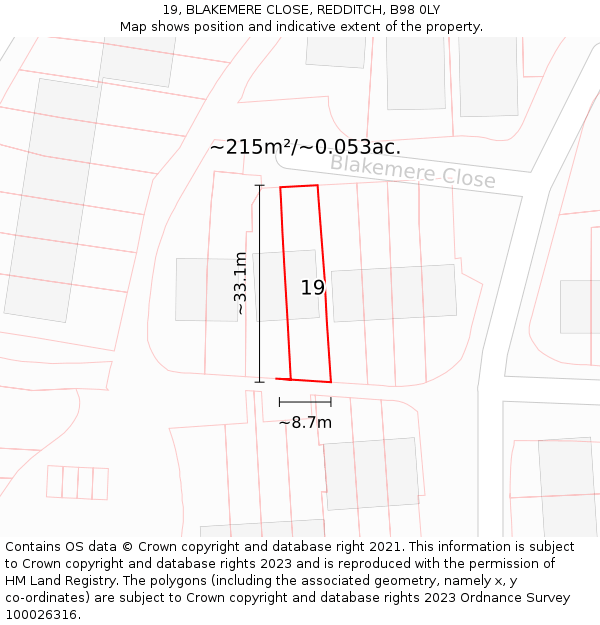 19, BLAKEMERE CLOSE, REDDITCH, B98 0LY: Plot and title map