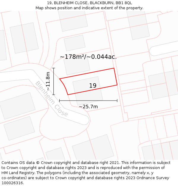 19, BLENHEIM CLOSE, BLACKBURN, BB1 8QL: Plot and title map