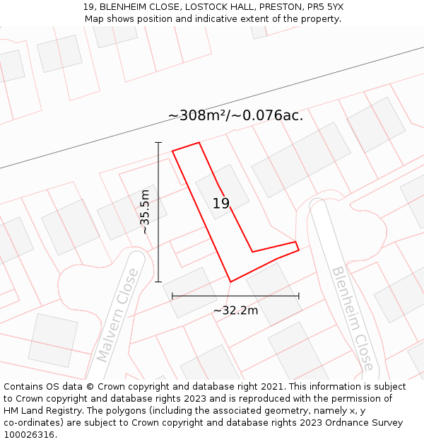 19, BLENHEIM CLOSE, LOSTOCK HALL, PRESTON, PR5 5YX: Plot and title map