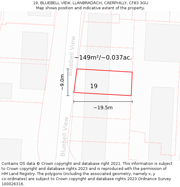 19, BLUEBELL VIEW, LLANBRADACH, CAERPHILLY, CF83 3GU: Plot and title map