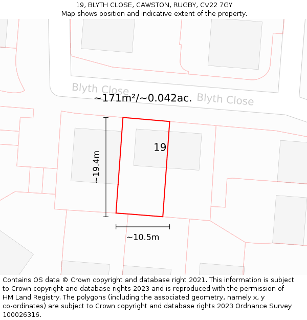19, BLYTH CLOSE, CAWSTON, RUGBY, CV22 7GY: Plot and title map