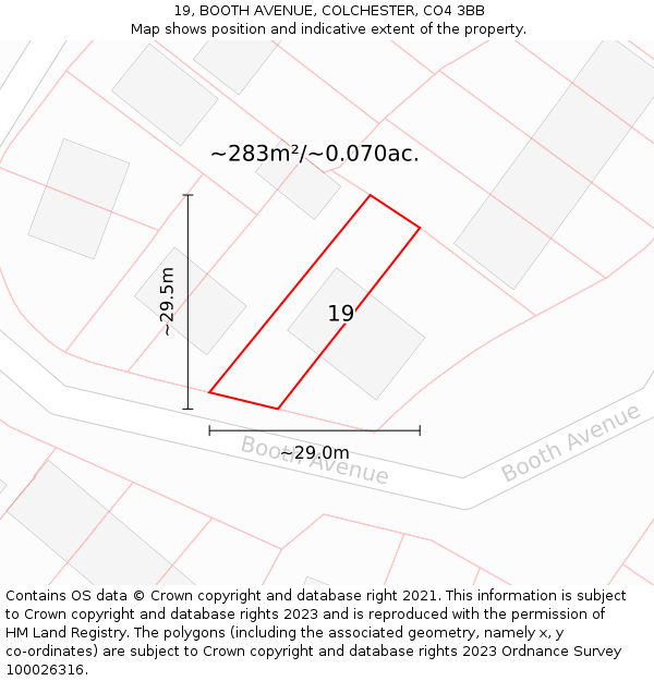 19, BOOTH AVENUE, COLCHESTER, CO4 3BB: Plot and title map