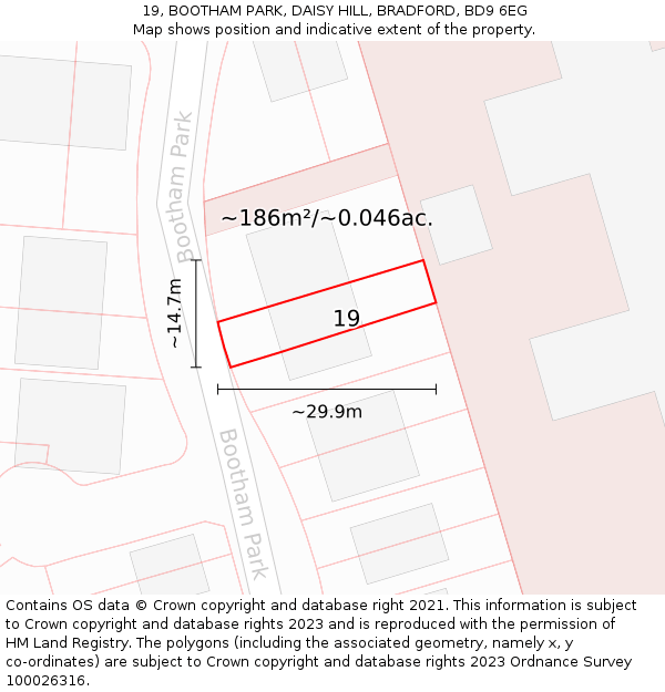 19, BOOTHAM PARK, DAISY HILL, BRADFORD, BD9 6EG: Plot and title map