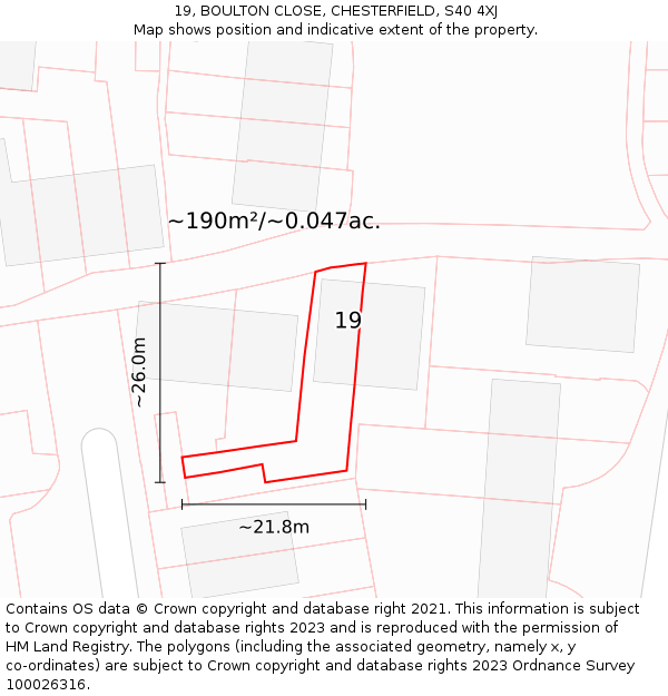 19, BOULTON CLOSE, CHESTERFIELD, S40 4XJ: Plot and title map