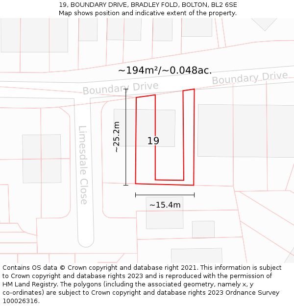 19, BOUNDARY DRIVE, BRADLEY FOLD, BOLTON, BL2 6SE: Plot and title map