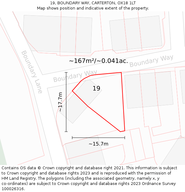 19, BOUNDARY WAY, CARTERTON, OX18 1LT: Plot and title map