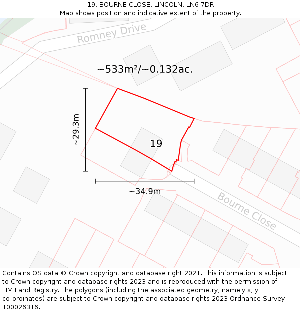 19, BOURNE CLOSE, LINCOLN, LN6 7DR: Plot and title map
