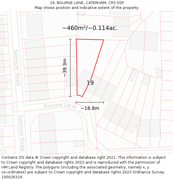 19, BOURNE LANE, CATERHAM, CR3 5SP: Plot and title map