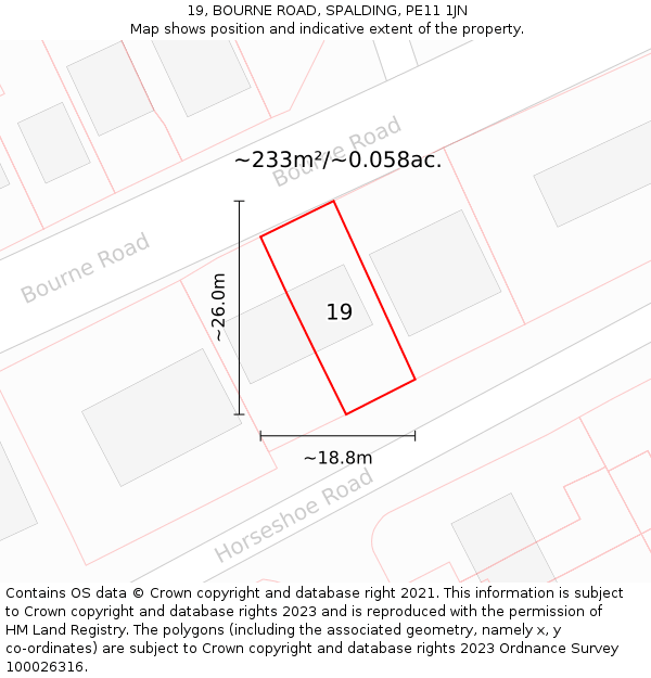 19, BOURNE ROAD, SPALDING, PE11 1JN: Plot and title map