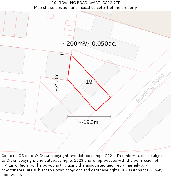 19, BOWLING ROAD, WARE, SG12 7EF: Plot and title map