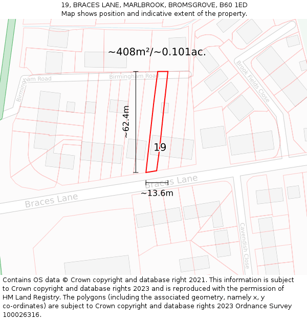 19, BRACES LANE, MARLBROOK, BROMSGROVE, B60 1ED: Plot and title map