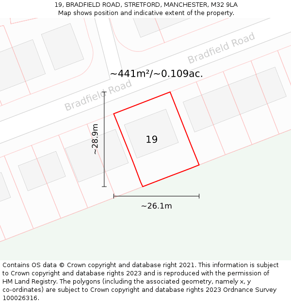 19, BRADFIELD ROAD, STRETFORD, MANCHESTER, M32 9LA: Plot and title map