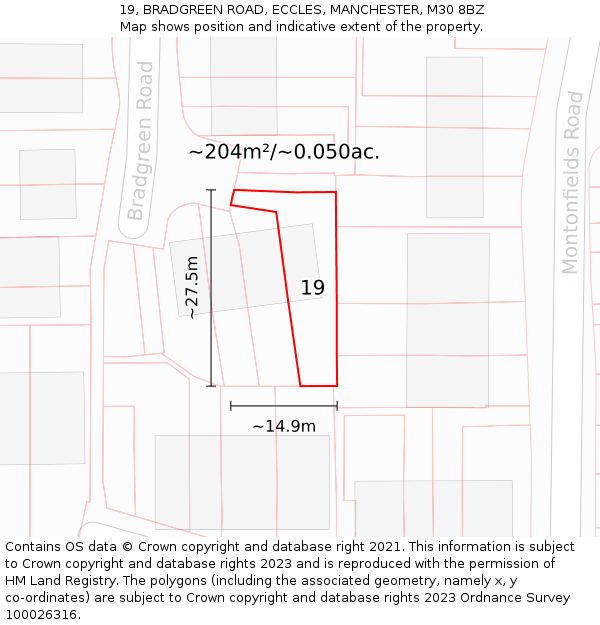 19, BRADGREEN ROAD, ECCLES, MANCHESTER, M30 8BZ: Plot and title map