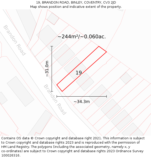 19, BRANDON ROAD, BINLEY, COVENTRY, CV3 2JD: Plot and title map