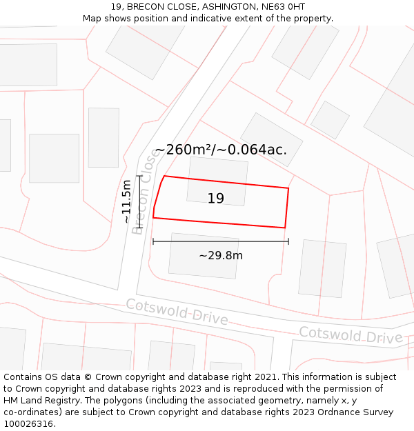 19, BRECON CLOSE, ASHINGTON, NE63 0HT: Plot and title map
