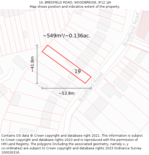 19, BREDFIELD ROAD, WOODBRIDGE, IP12 1JA: Plot and title map