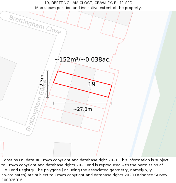 19, BRETTINGHAM CLOSE, CRAWLEY, RH11 8FD: Plot and title map
